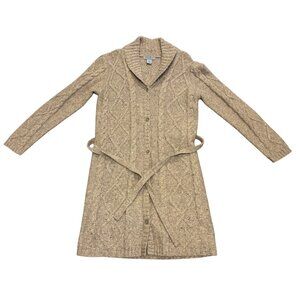 Eddie Bauer Belted Cardigan Sweater Womens Medium Wool Blend Cable Knit Long Tan